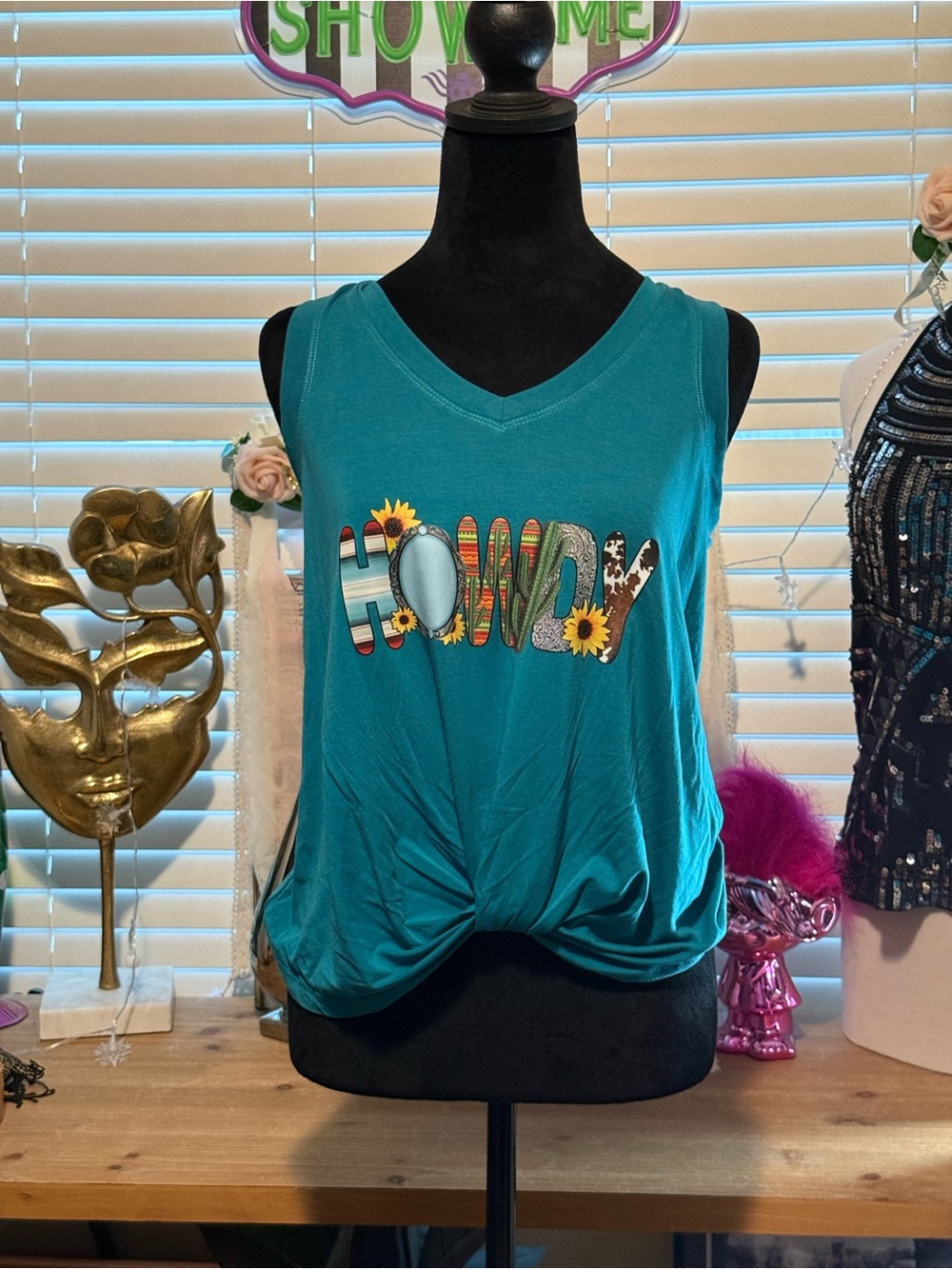 Upcycled Women’s Teal 'Howdy' Knot-Front Tank Top